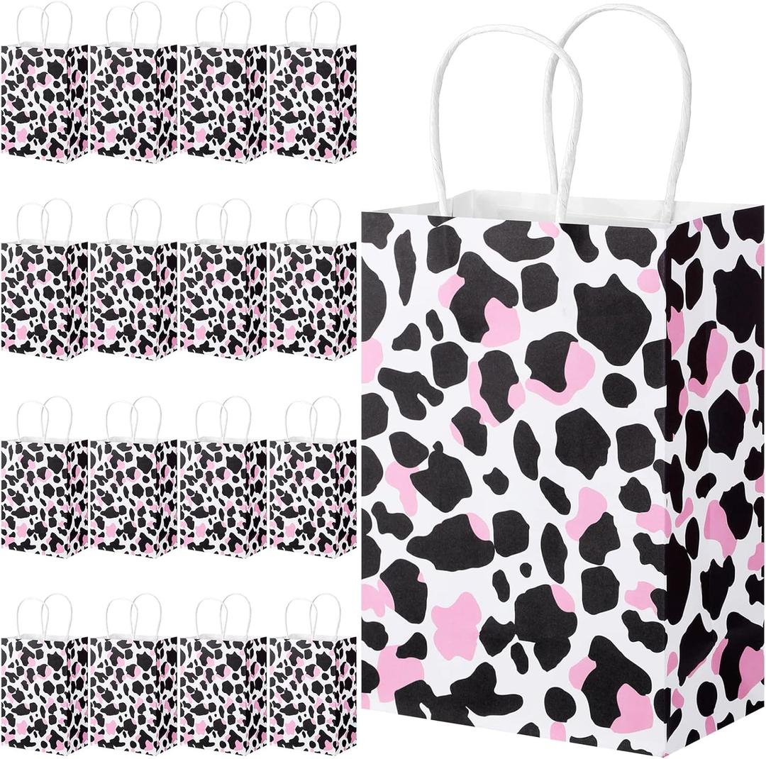 TaoBary 24 Pcs Pink Cow Party Favor Gift Bag Cow Print Candy Goodies Bags with Handle Disco Cowgirl Birthday Decorations for Farm Animal Baby Shower Western Cowboy My First Rodeo Party Supplies