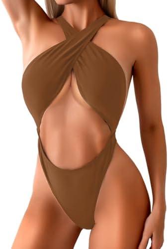 Kaei&Shi Sexy One Piece Swimsuit for Women,Cut Out Criss Cross Bathing Suit,Thong Monokini Swimsuits, Size L, Brown