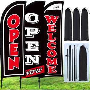 Buryeah 3 Sets Now Open Feather Flag Banner for Business Advertising 7 Feet Tall Grand Opening Feather Flag Sign with Fiberglass Pole Kit Rotating Ground Spike and Portable Bag (Black)