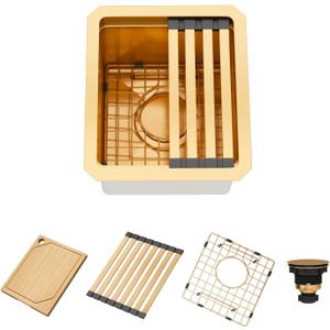 Gold Kitchen Sink, 13" x 15" x 10" Undermount Bar Sink, 13 Inch Small and Deep Kitchens Sinks, Stainless Steel Material, 13 x 15 Single Bowl Workstation Sinks with Matching Accessories