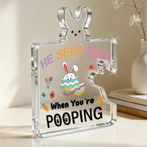 2 x HTBIG Funny Easter Decorations Bathroom Humor Sign "He Sees You When You're Pooping" Bunny Egg Acrylic Ornament, Funny Spring Holiday Home Decor Gifts