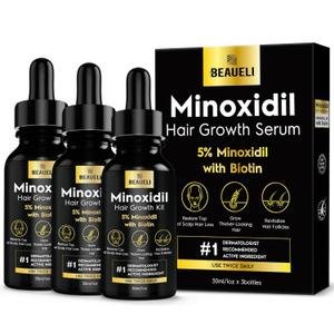 Beaueli 5% Minoxidil for Men and Women, Hair Growth, Beard Growth, Hair Regrowth, Unscented Drop, 3 Fl Oz, 3 Bottles