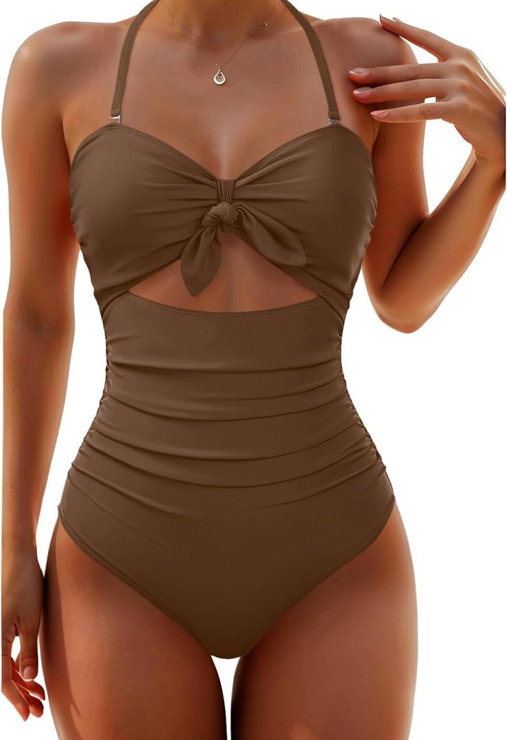 Tempt Me Women Sexy Cutout One Piece Swimsuits Tummy Control High Waisted Halter Front Tie Knot Bathing Suit (Brown), XL