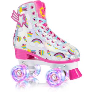 SULIFEEL Rainbow Unicorn Roller Skates for Girls Light up Wheels Kids Quad Skates with High Top Reflective TPU Leather Rainbow Unicorn (1.5)