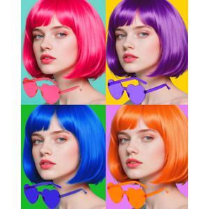 Womens Bob Wigs with Sunglasses for Costume Party Cosplay Short Neon Colored Wigs Synthetic Hair Colorful Wigs for Bachelorette Party Halloween Christmas