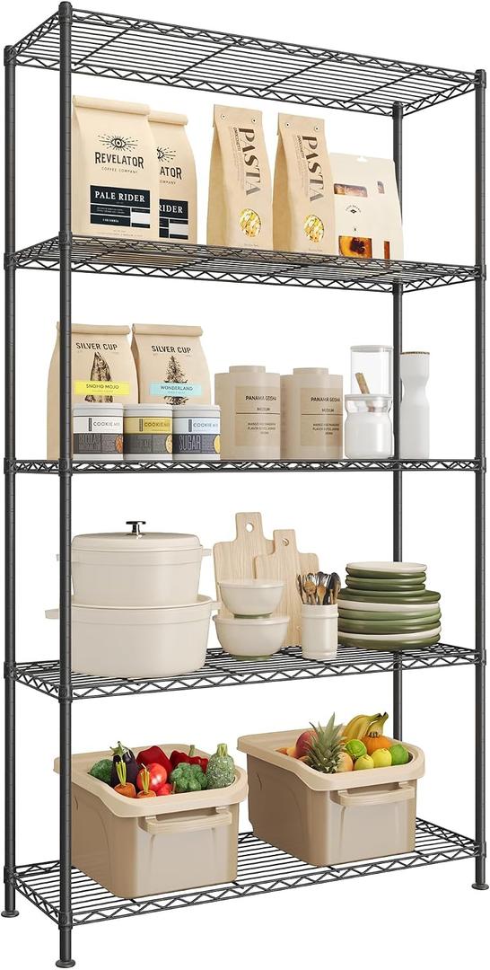 SONGMICS 5-Tier Bathroom Shelf, Storage Rack for Small Space Adjustable Shelves, 11.8 x 35.4 x 63 Inches, Removable Hook, Ink Black, DALTEN Collection