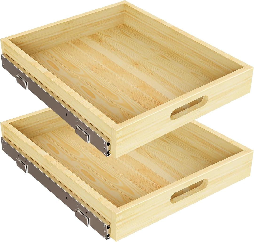 2 Set Pull Out Cabinet Organizer, Soft Close Slide Out Wood Drawer Storage Shelves for Kitchen, Base Cabinet Organization for Pantry, Finished, Heavy-Duty, Bottom Assembly (18 W x 21 D)