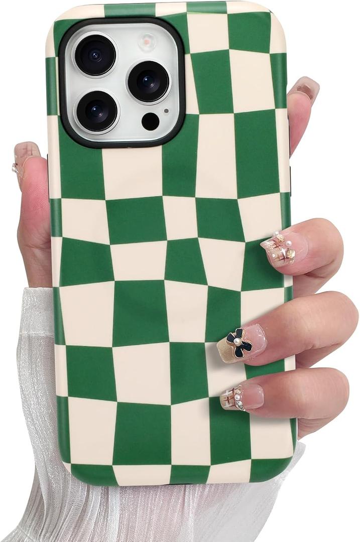 SOKAD Magnetic Checkered Phone Case for iPhone 14 Pro, Cute Grids Plaid Checkerboard Pattern Compatible with Magsafe Matte Protective Case Cover with Screen Protector for Girls Women, Green