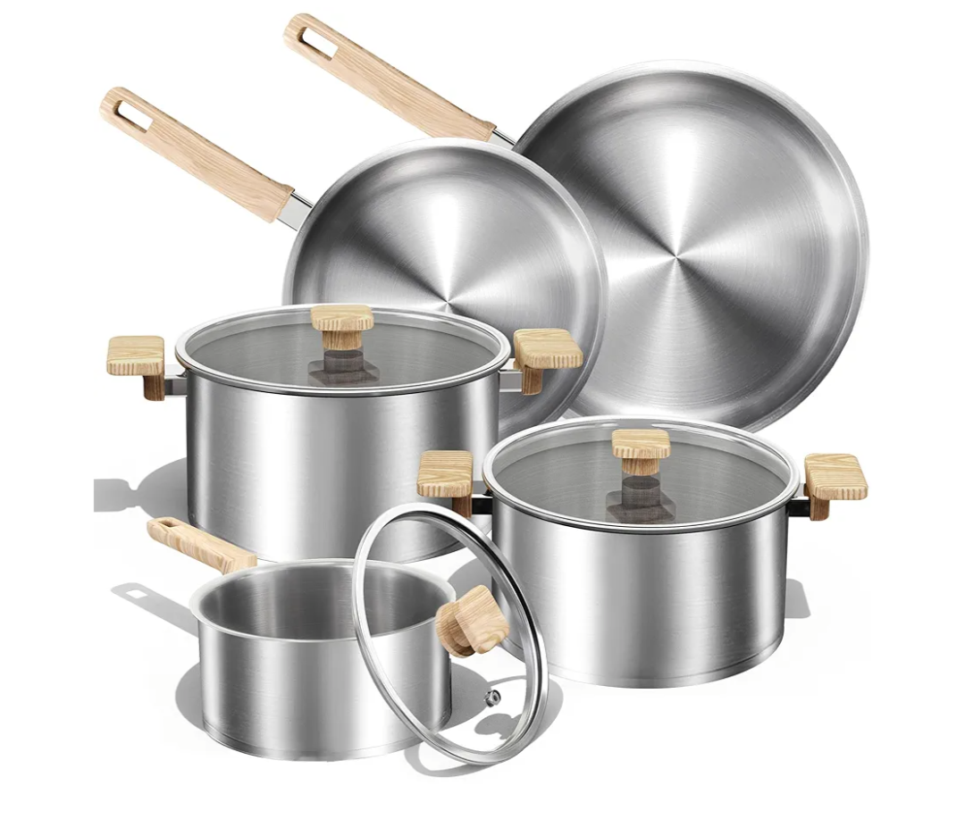 CAROTE 12 Pcs Stainless Steel Cookware Set, Stainless Steel Pots and Pans Set with Tempered Glass Lids, Induction Kitchen Cookware Sets with Stay-Cool Handles,Includes Stockpot, Silver