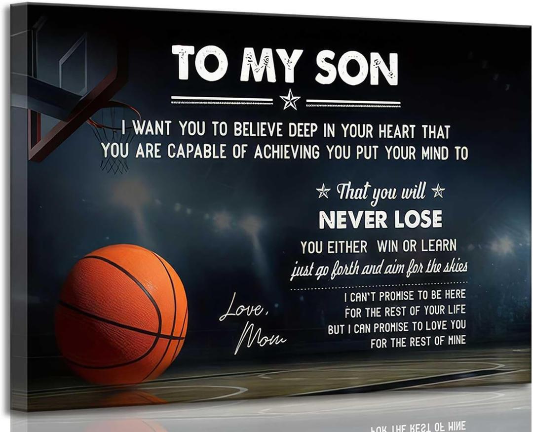 Inspirational Basketball Canvas Wall Art To My Son Inspiring Sports Motivational Quotes Painting Picture Wall Decor Poster Print Artwork for Boy Room Kid Room Bedroom Home Decoration (24L" x 16W", Black-Canvas)