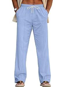 TAFLE ‌Men's Linen Pants Elastic Waist Lightweight Breathable Summer Casual Beach Yoga Trousers with Pockets