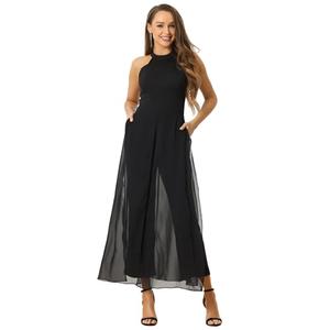 Allegra K Elegant Jumpsuit for Women's Summer Sleeveless Halter Neck Belted Wedding Chiffon Wide Leg Dressy Jumpsuits, Small, Dark Blue
