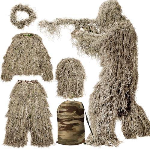 MOPHOTO 5 in 1 Ghillie Suit 3D Camouflage Hunting Suits - Jacket, Pants, Hood, Carry Bag for Adults & Youth, M/L