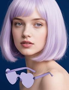 FSLLZCJY Light Purple Bob Wig with Heart Sunglasses - Heat-Resistant, Synthetic Fiber, Adjustable and Natural Looking