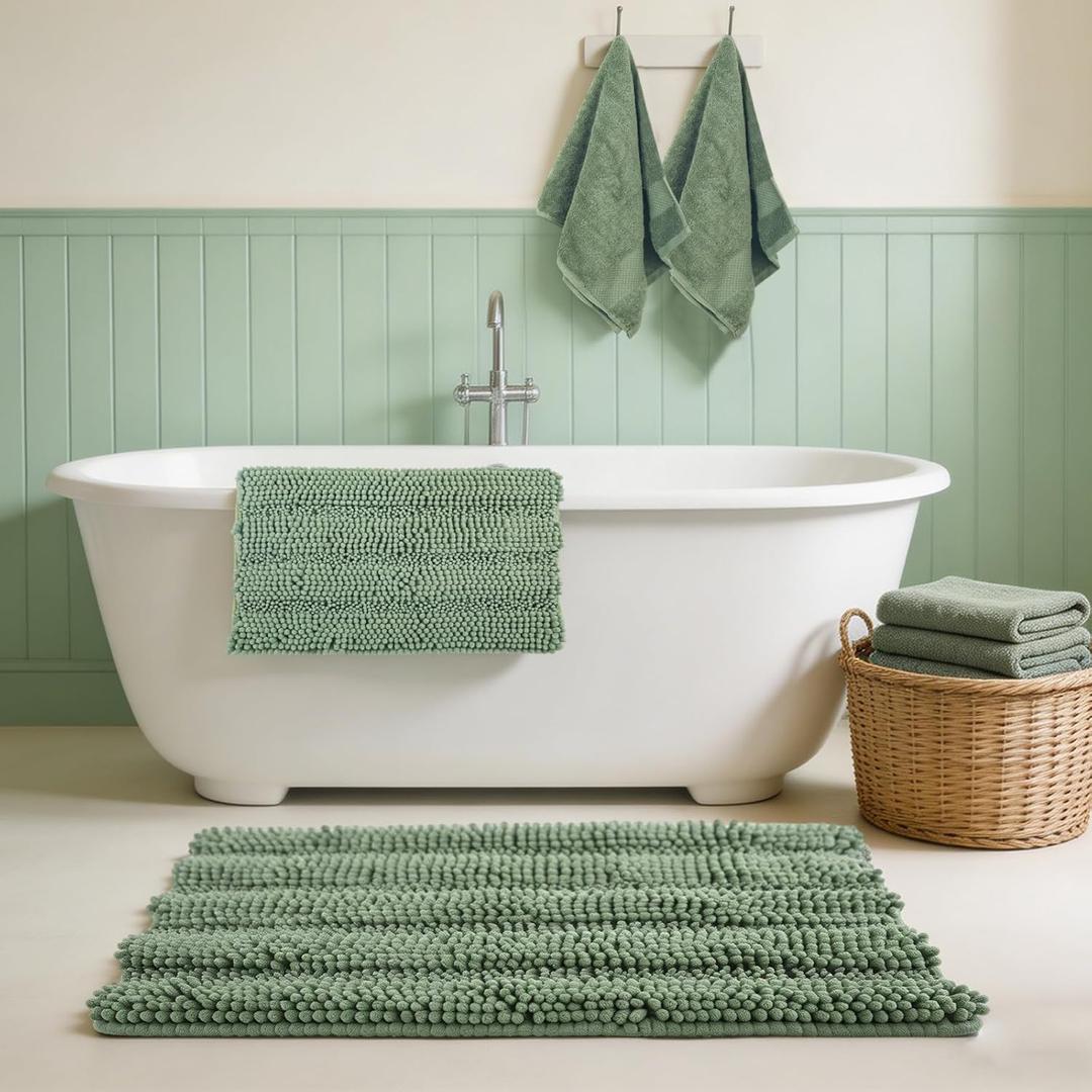 Whaline 4 Pack Sage Green Bath Mat and Hand Towel Set Non-Slip Chenille Striped Bathroom Rug Cotton Absorbent Towels for Hotel Home Bathroom Decoration