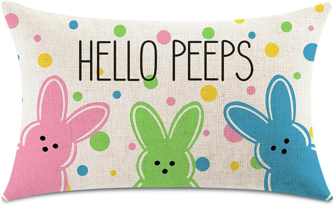 Easter Throw Pillow Covers 12x20 Inch Hello Peeps Bunny Decor Linen Cushion Case Decorations for Sofa Couch (Double Sided Printed)