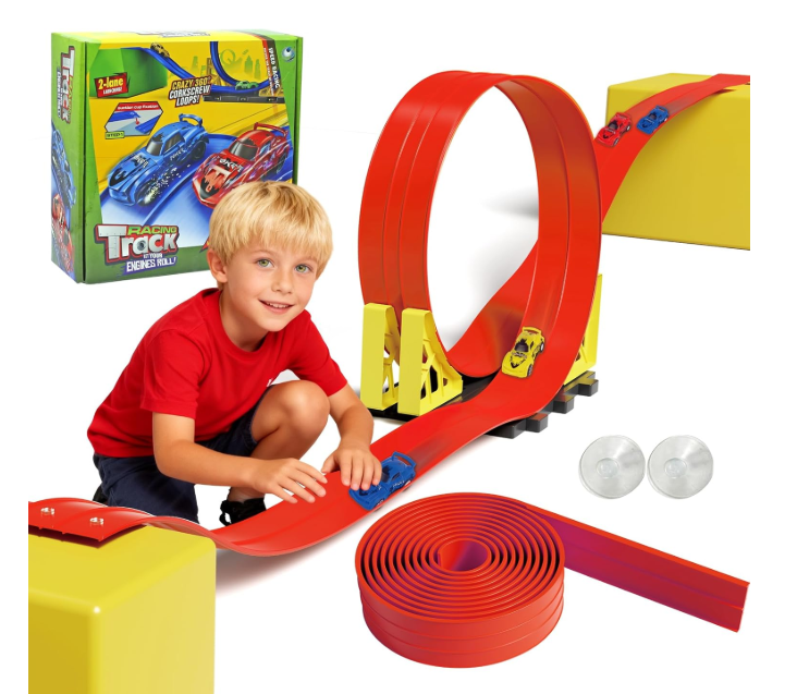20ft Build Anywhere Portable Race Track with Suction Cups  Flexible RollUp Design Fits 1/64 Scale Cars, Portable Toy Gift for Kids 4+ Year Old