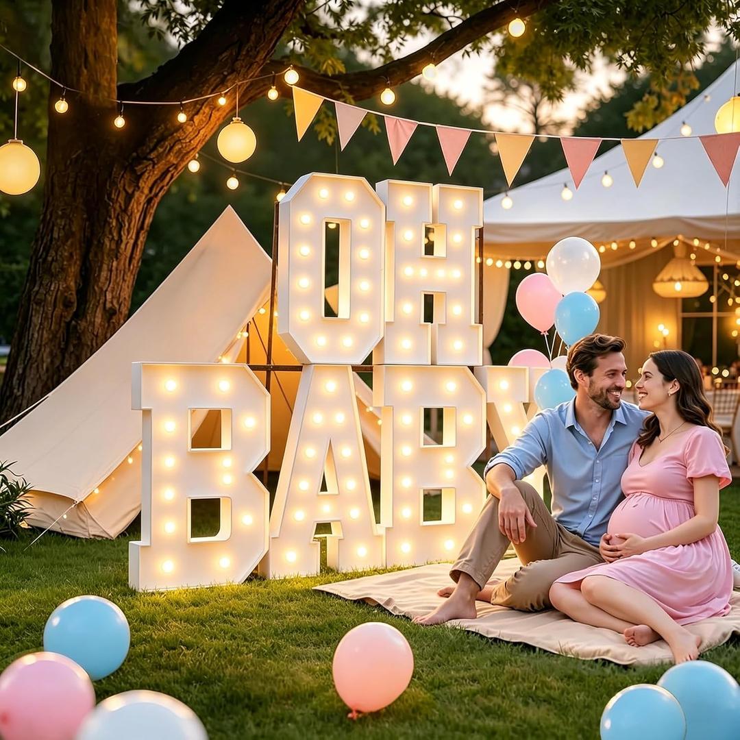 3FT/4FT Large-Sized Illuminated Letter Logo OH Baby, LED Light Decoration, Warm Color, Including complimentary Balloons, Party Event Decoration, Baby Party Theme (3FT OH Baby+ Balloons)