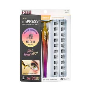 KISS imPRESS Falsies Press On Self Adhesive Eyelashes, 12mm-14mm Natural Volume Press On Lashes, Black, No Glue Needed, Invisible Band, 20 Lash Clusters & Non-Stick Applicator - Natural (21 Piece Set)