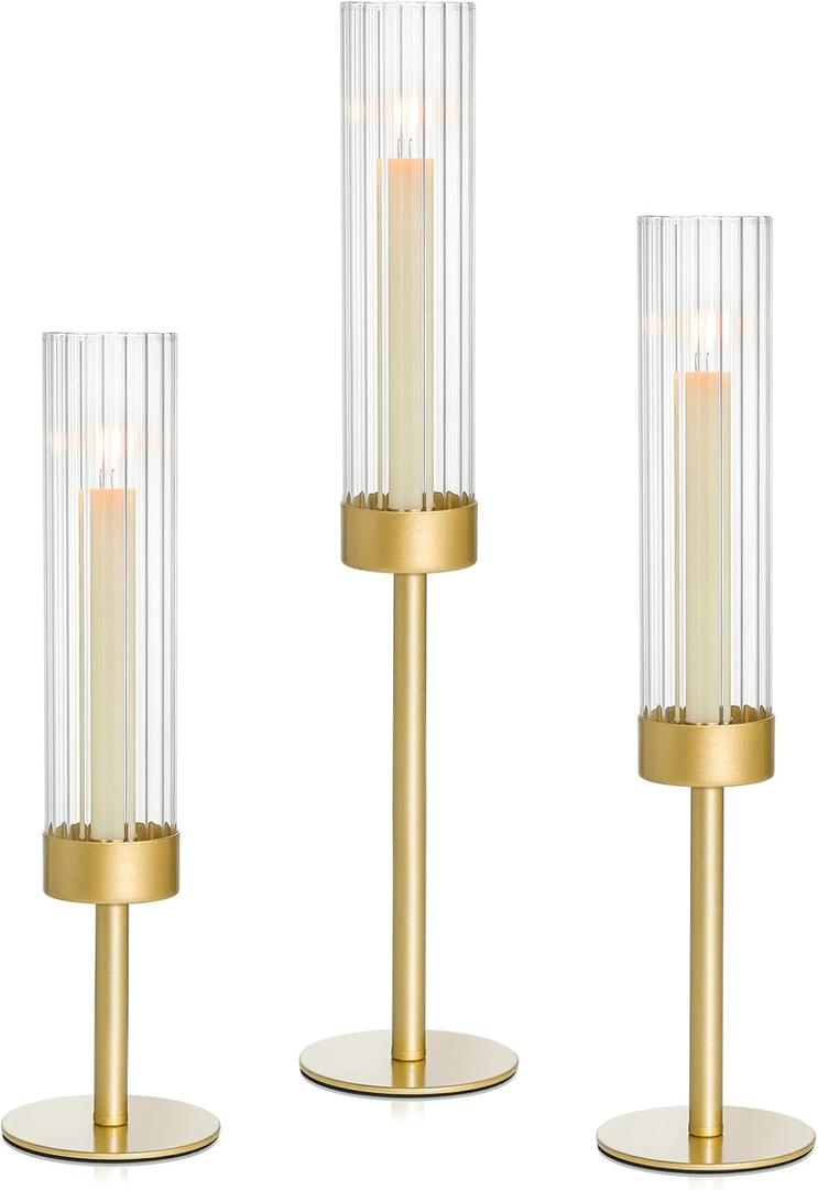 Gold Hurricane Candle Holders Set of 3, Brass Taper Candle Holders for Candlesticks, Elegant Tall Candle Sticks Holder Decor for Table Centerpiece, Wedding & Christmas Decorations
