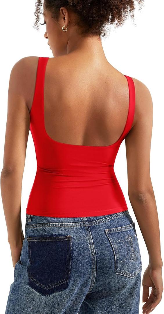 SUUKSESS Women Padded Open Back Boat Neck Tank Tops Double Lined Basic Shirts (Large, Red)