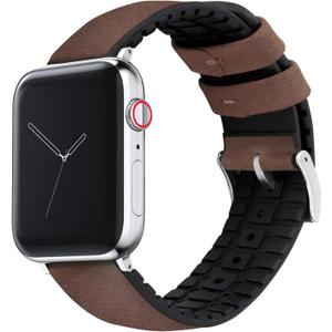 BARTON WATCH BANDS- Black Leather and Rubber Hybrid - Choose Color & Size - Compatible with All Apple Watches (Ultra, SE, 8, 7, 6, 5, 4, 3, 2, 1) - 38mm, 40mm, 41mm, 42mm, 44mm, 45mm, 49mm (Walnut Brown Leather (Stainless Steel Buckle))