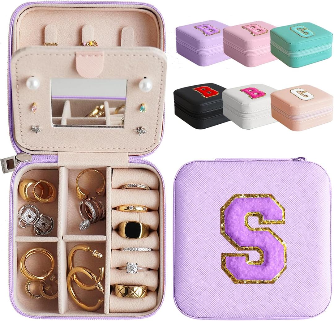 Letter Travel Jewelry Case with Mirror, Mini Portable Jewelry Travel Organizer, Small Jewelry Box for Bridesmaid Gift, Travel Essential to Store Ring, Necklace, Earring(Lavender-S)