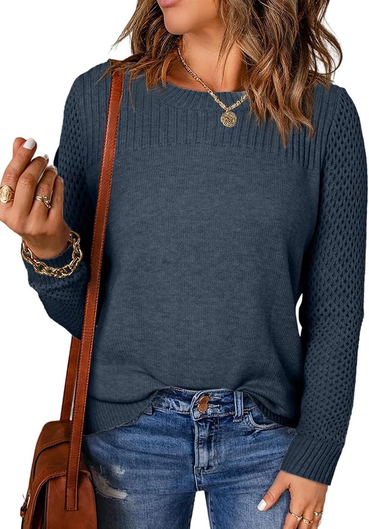 EVALESS Womens Sweaters Casual Long Sleeve Crewneck Cable Knit Lightweight Oversized Crochet Sweater Pullover Tops (Medium, Blue)