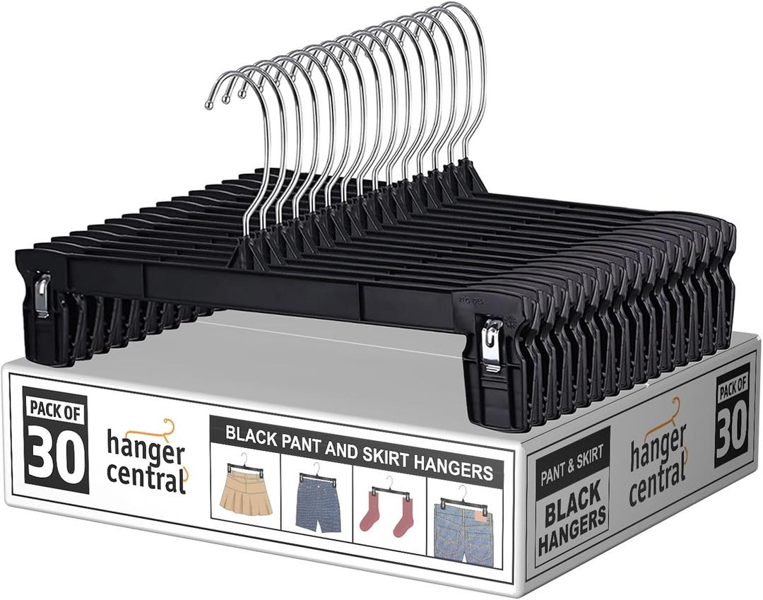 Hanger Central 30 Pack Space Saving Heavy Duty Slim Plastic Pants, Skirts and Shorts Hangers, Ridged Non-Slip with Pinch Clips, 360-Rotating Chrome Swivel Hook, in Black, 12 Inches