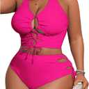 SOLY HUX Women's Plus Size Bikini Set Sexy Swimsuit Lace Up Tummy Control 2 Piece Bathing Suit (Hot Pink), Size: XL