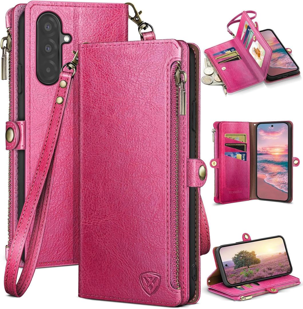 XcaseBar Compatible with Samsung Galaxy A36 Wallet case with Zipper Credit Card HolderRFID Blocking,Flip Folio Book PU Leather Phone case Shockproof Cover Women Men for Samsung A36 case Rose Red