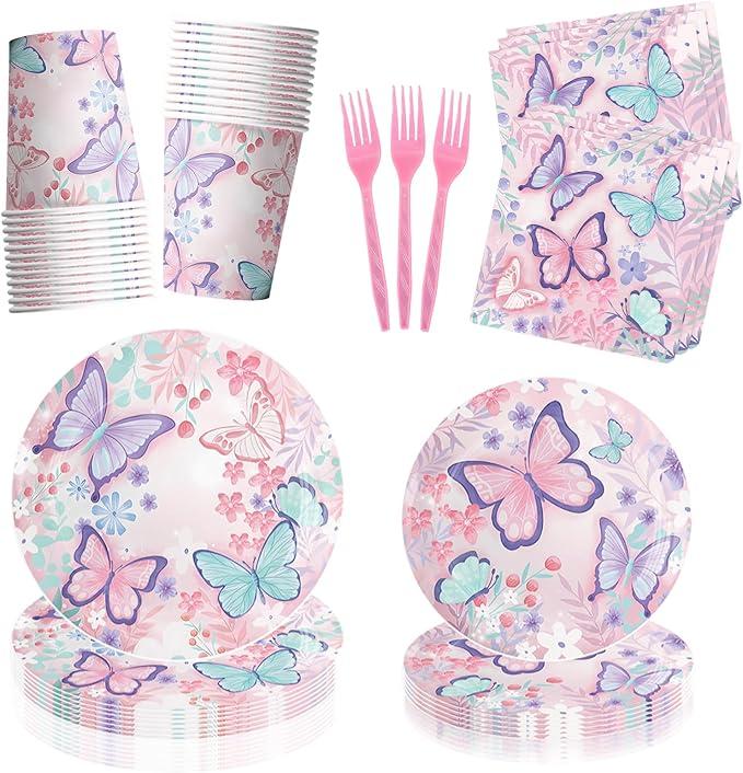 120pcs Butterfly Birthday Party Supplies, Butterfly Party Decorations, Includes Plates, Napkins, Cups, Forks Tableware, Serves 24