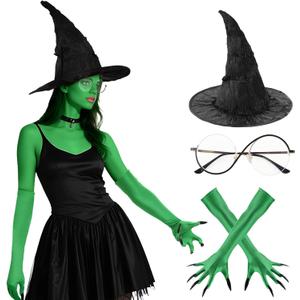 4PCS Witch Costume Accessories Set Wicked Costume Witch Costume Accessories with Hat Gloves Glasses