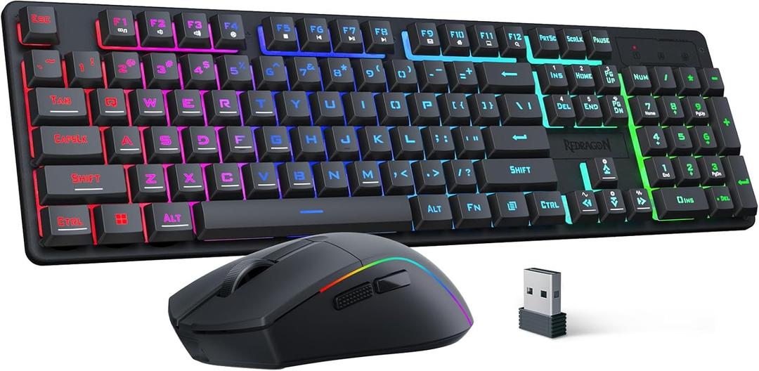 Redragon S107KS Wireless Gaming Keyboard and Mouse, RGB Backlit, 3 Mode (Wired/2.4G/BT), Up to 10,000 DPI Gaming Mouse with Software, Ultra Lightweight 65g, 25 Key Anti-Ghosting Keyboard for PC (Black-New)