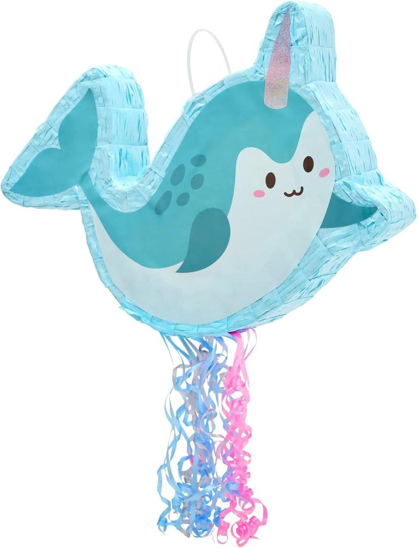 BLUE PANDA Narwhal Pull String Pinata for Narwhal Birthday Party Supplies & Sea Animal Pinata Decor - 16.5 x 12.3 x 3 In, Blue