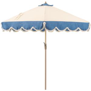 Tempera 9ft Beige Spliced Twilight Blue Tassels Scallop Patio umbrella,Outdoor Table Market Umbrellas with Crank & Pust Button Tilt, Wood Color Pole and 8 Steel Ribs