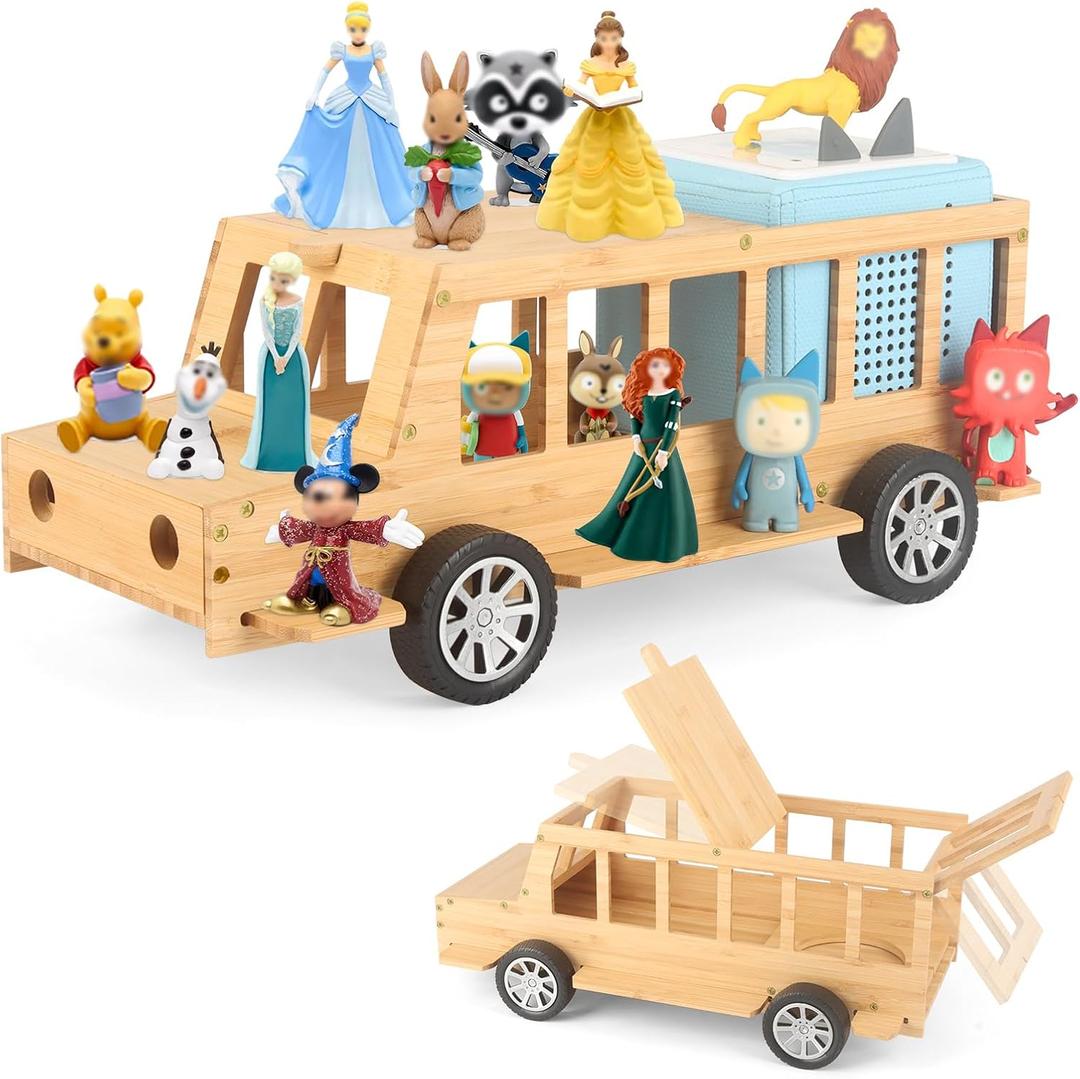 Car for Tonies Box Shelf Storage with 35Pcs DIY Adhesive Metal Plate, Rolling Display & Storage Car for Toniebox 1/2 Player Tonies Figures Characters for Children, Playable Toy Car Gift for Children (Natural)