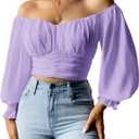 MIRACMODA Woman Off Shoulder Ruched Tie Back Lantern Sleeve Crop Tube Top Chiffon Blouse (X-Large)