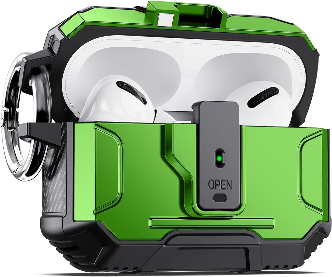 Armor Earphone Cover Case for AirPods Pro 2, Military Grade Full Body Shockproof Protection Hard Case, Support Wireless Charging with Keychain, Magnetic Lid, Front LED Visible, Green