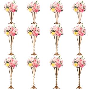12 Pcs Flower Trumpet Vases Table Decorative Centerpiece Gold Tall Flower Vases, Metal Wedding Vase Arrangement Flower Stand for Wedding Decoration Birthday, Ceremony Party, 3 Sizes