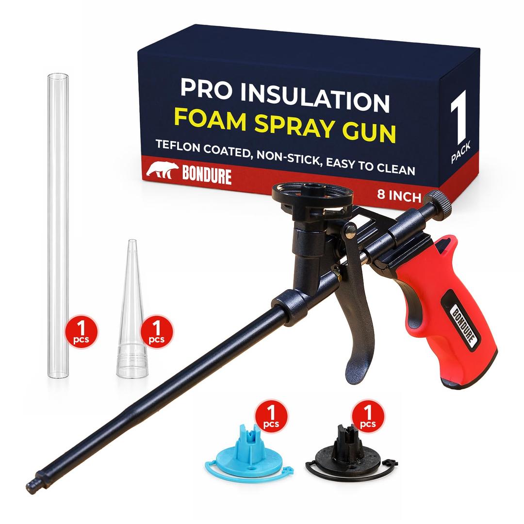 Pro Spray Foam Gun, (8 inch) PTFE (Teflon) Coated Non-Stick, Adjustable Flow Control Dial, Ergonomic Handle, Universal Screw Top Can Adapter, Long Reach Barrel, Includes Nozzle Set