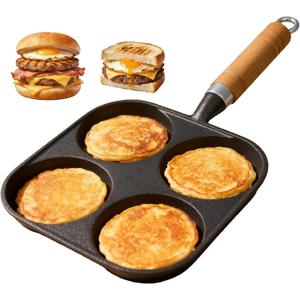 Cast Iron 4-Cup Egg Pan, Small Omelette Pan, Fast Breakfast Pan for Fried Eggs, Pancakes, Sandwich, & Burger, Suitable for Gas Stove and Induction Cooktop, Natural Nonstick with Seasoning, 6.6 inch
