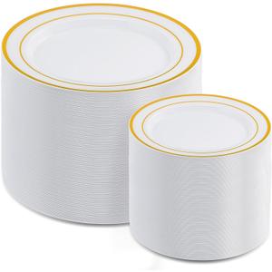 AOZITA 200PCS Gold Plastic Plates Set, Heavy Duty Disposable Plates for Party & Wedding, Includes 100 Dinner Plates and 100 Dessert Salad Plates, Elegant White with Gold Rim Dinnerware