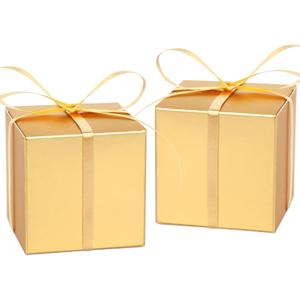 Adecortalk 100 Pcs Mini Gold Gift Boxes 2x2x2 Inches Paper Party Favor Boxes Gift Candy Boxes with Ribbons for Birtyhday Wedding Baby Shower Graduation Bridal Shower Halloween Christmas Valentine Gifts