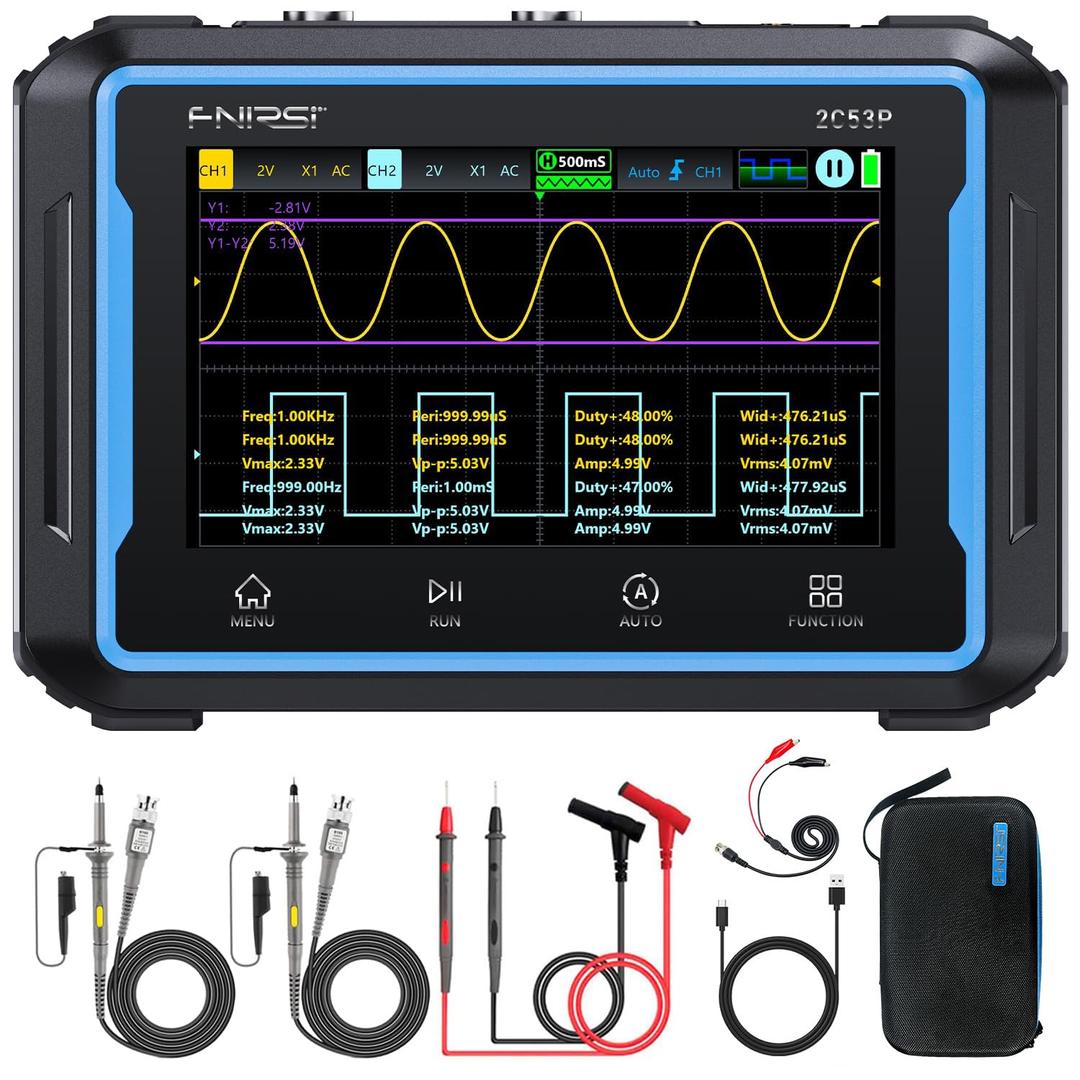 FNIRSI 2C53P Handheld Tablet Oscilloscope Multimeter DDS Signal Generator 3 in 1, 2CH Automotive Oscilloscope Multimeters with 50Mhz Bandwidth, 19999 Counts, 250MS/s Sampling, 4.3 inch Touch Screen