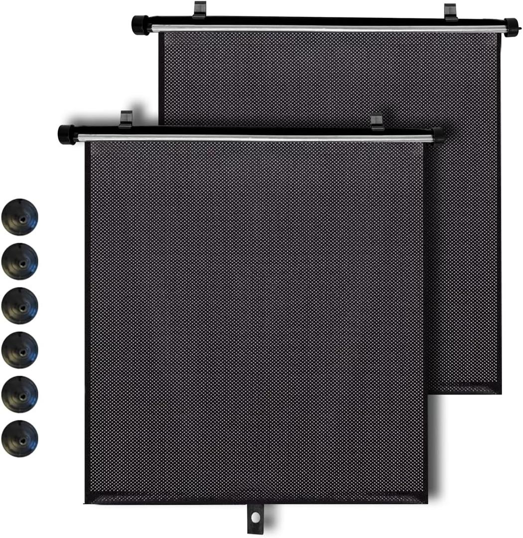 Car Window Roller Shade, 2 Pack Retractable Side Window Sun Shade for Cars, Trucks and SUVs, Pull Down Mesh Shade with Suction Cups, Blocks Sun and Glare for Passengers (Large, Black)