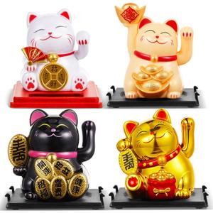Wovnet 4 Pcs 2" Lucky Cat Waving Arm Maneki Neko Solar Lucky Cat Feng Shui Fortune Wealth Chinese Welcoming Window Car Dashboard Car Decor(Classic)