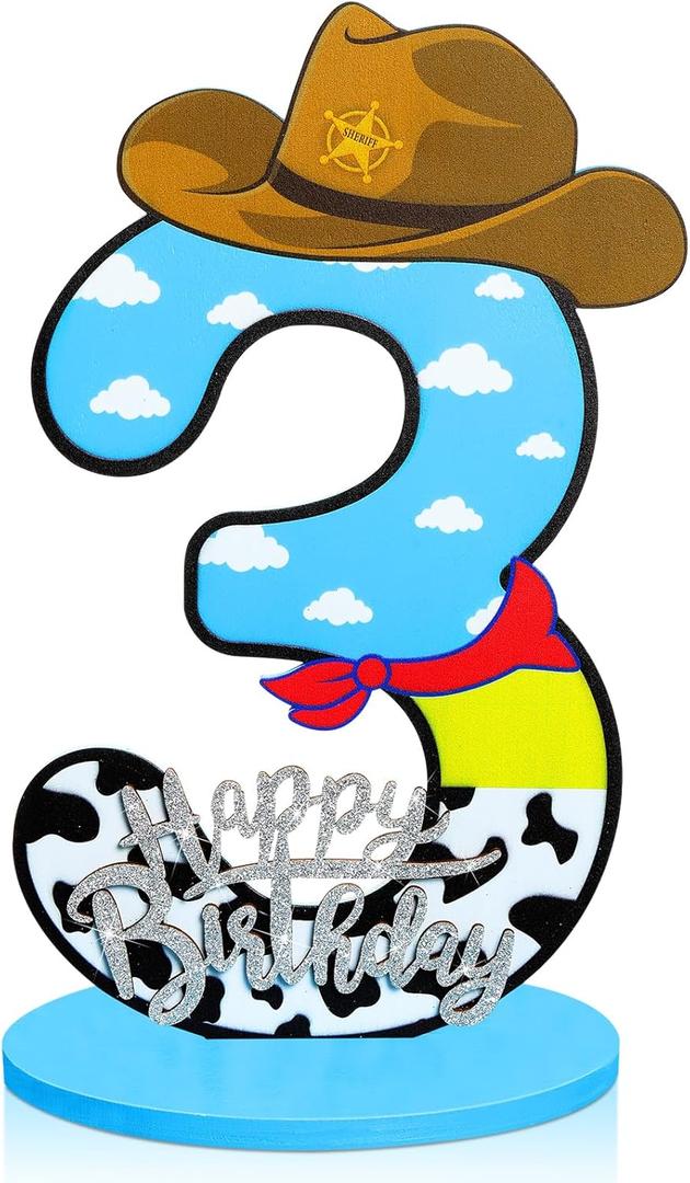 Toy Theme 3th Birthday Decorations Party Number Centerpiece Cartoon Party Number Sign Blue Sky and White Cloud Cow Birthday Sign for Boy and Girl Photo Booth Decor