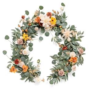 Ling's Moment Fall Flower Garland - 6FT Eucalyptus & Rose - Sweetheart Table Decor for Wedding Reception, Artificial Floral Garland for Mantle, Thanksgiving, Christmas Decoration, Sunset Terracotta