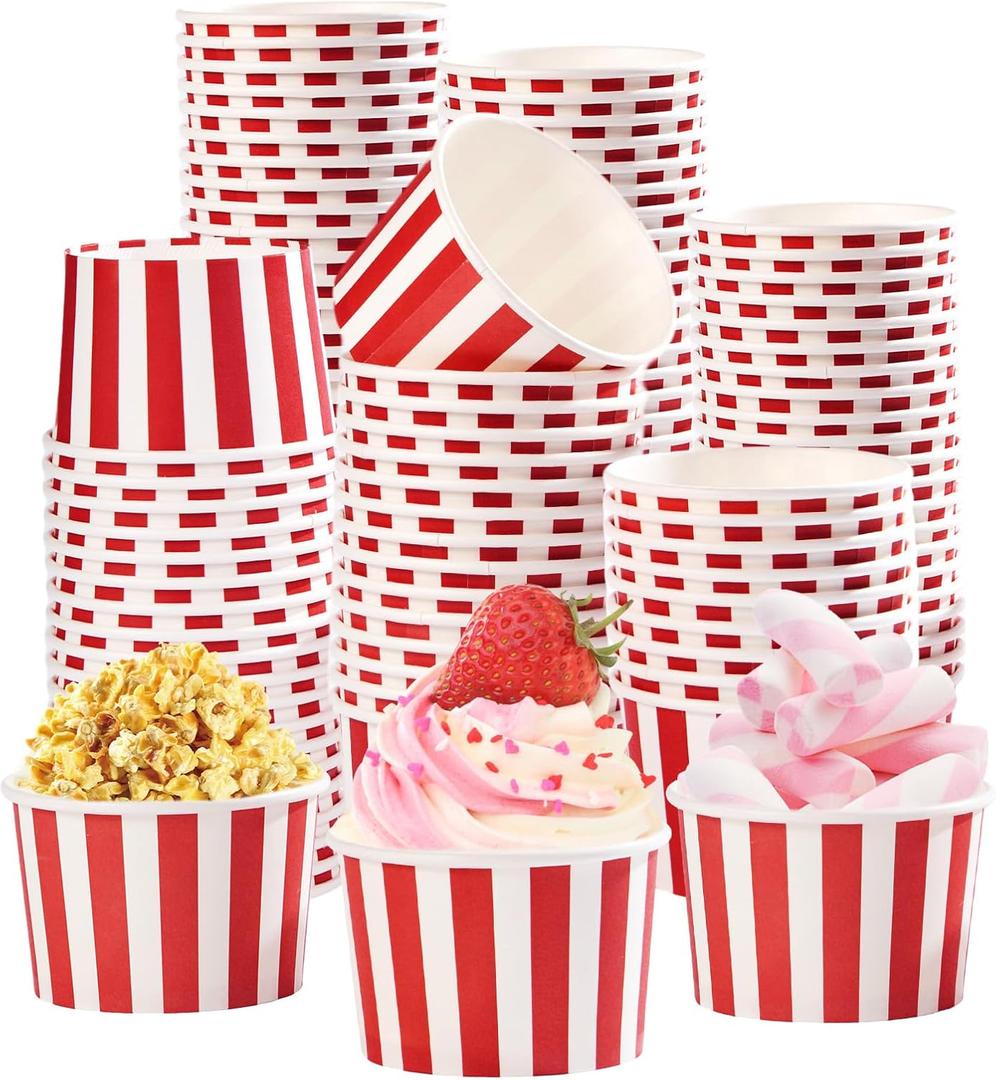 120 Pcs Valentines Day Cream Cups 12 OZ Disposable Red and White Stripe Paper Dessert Ice Cream Cups Food Containers Red White Snack Bowls for Soups Hot & Cold Food Snack Valentine Party Supplies